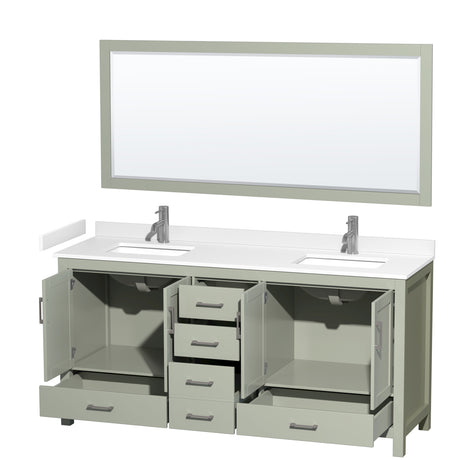 Sheffield 72 inch Double Bathroom Vanity in Light Green White Cultured Marble Countertop Undermount Square Sinks Brushed Nickel Trim 70 inch Mirror