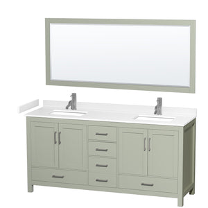 Sheffield 72 inch Double Bathroom Vanity in Light Green White Cultured Marble Countertop Undermount Square Sinks Brushed Nickel Trim 70 inch Mirror