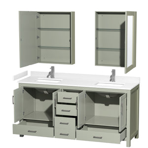 Sheffield 72 inch Double Bathroom Vanity in Light Green White Cultured Marble Countertop Undermount Square Sinks Brushed Nickel Trim Medicine Cabinets