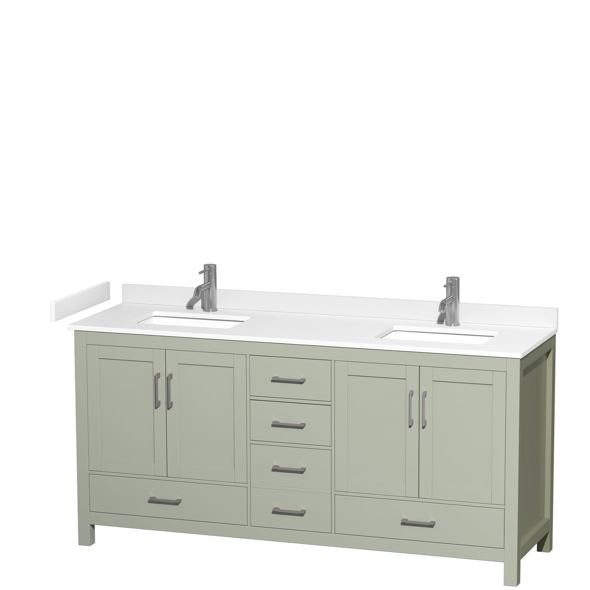 Sheffield 72 inch Double Bathroom Vanity in Light Green White Cultured Marble Countertop Undermount Square Sinks Brushed Nickel Trim