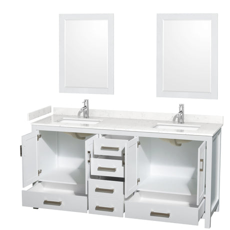 Sheffield 72 Inch Double Bathroom Vanity in White Carrara Cultured Marble Countertop Undermount Square Sinks 24 Inch Mirrors