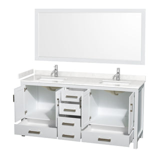 Sheffield 72 Inch Double Bathroom Vanity in White Carrara Cultured Marble Countertop Undermount Square Sinks 70 Inch Mirror