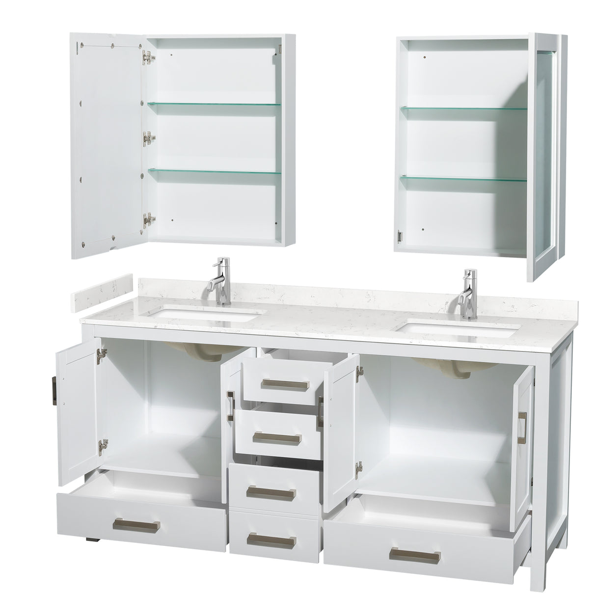 Sheffield 72 Inch Double Bathroom Vanity in White Carrara Cultured Marble Countertop Undermount Square Sinks Medicine Cabinets