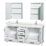 Sheffield 72 Inch Double Bathroom Vanity in White Carrara Cultured Marble Countertop Undermount Square Sinks Medicine Cabinets