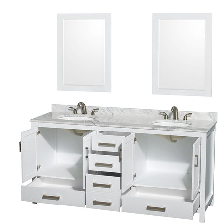 Sheffield 72 Inch Double Bathroom Vanity in White White Carrara Marble Countertop Undermount Oval Sinks and 24 Inch Mirrors