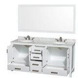 Sheffield 72 Inch Double Bathroom Vanity in White White Carrara Marble Countertop Undermount Oval Sinks and 70 Inch Mirror