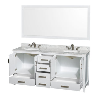 Sheffield 72 Inch Double Bathroom Vanity in White White Carrara Marble Countertop Undermount Oval Sinks and 70 Inch Mirror