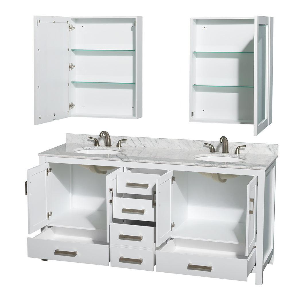 Sheffield 72 Inch Double Bathroom Vanity in White White Carrara Marble Countertop Undermount Oval Sinks and Medicine Cabinets