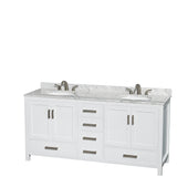 Sheffield 72 Inch Double Bathroom Vanity in White White Carrara Marble Countertop Undermount Oval Sinks and 24 Inch Mirrors
