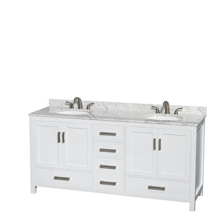 Sheffield 72 Inch Double Bathroom Vanity in White White Carrara Marble Countertop Undermount Oval Sinks and 70 Inch Mirror