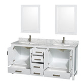 Sheffield 72 Inch Double Bathroom Vanity in White White Carrara Marble Countertop Undermount Square Sinks and 24 Inch Mirrors
