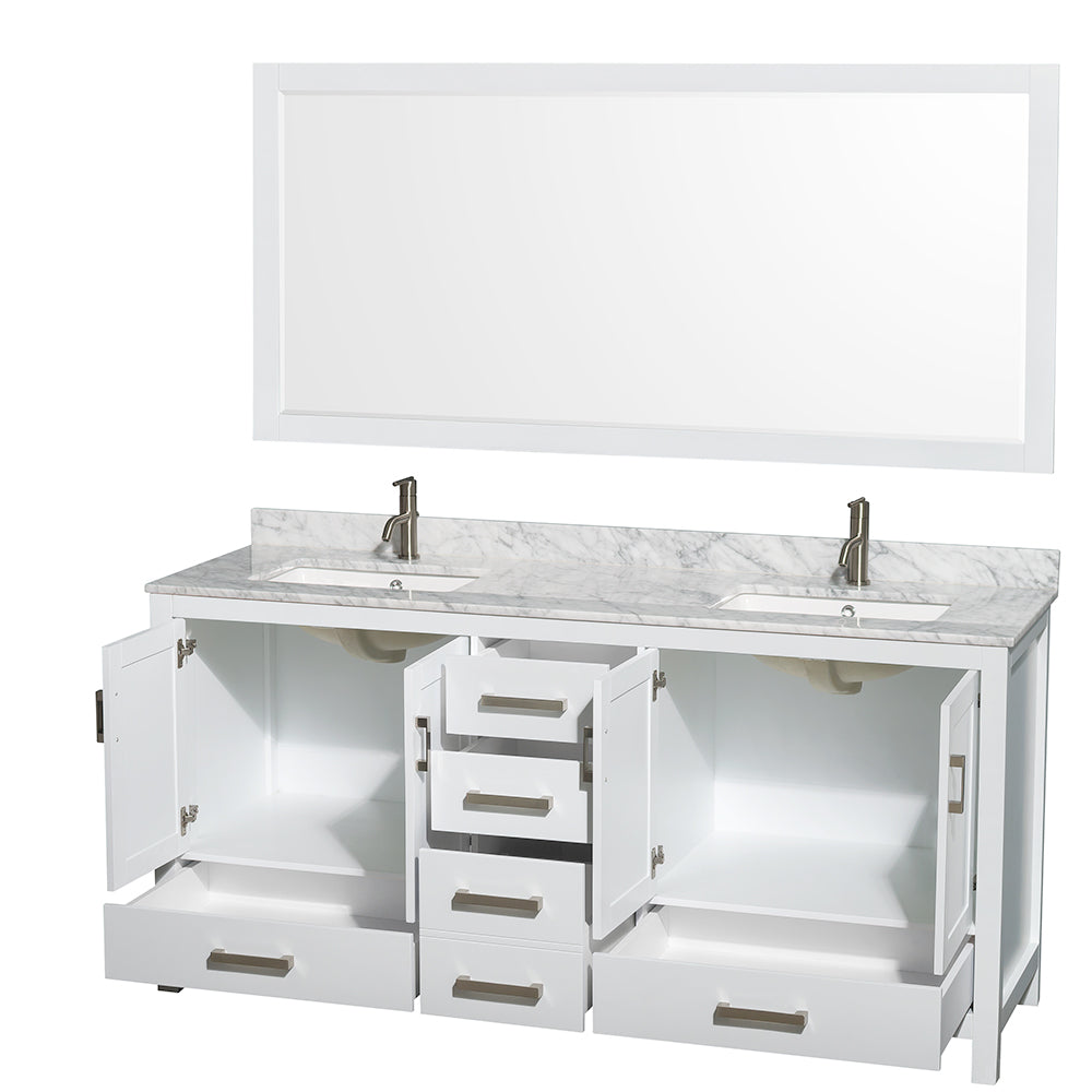 Sheffield 72 Inch Double Bathroom Vanity in White White Carrara Marble Countertop Undermount Square Sinks and 70 Inch Mirror