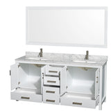 Sheffield 72 Inch Double Bathroom Vanity in White White Carrara Marble Countertop Undermount Square Sinks and 70 Inch Mirror