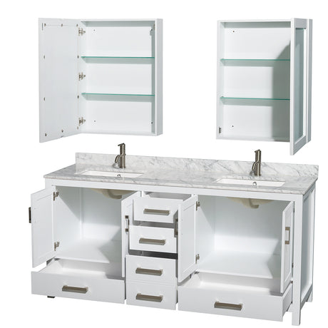 Sheffield 72 Inch Double Bathroom Vanity in White White Carrara Marble Countertop Undermount Square Sinks and Medicine Cabinets