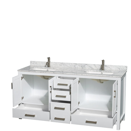 Sheffield 72 Inch Double Bathroom Vanity in White White Carrara Marble Countertop Undermount Square Sinks and No Mirror