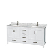 Sheffield 72 Inch Double Bathroom Vanity in White White Carrara Marble Countertop Undermount Square Sinks and Medicine Cabinets