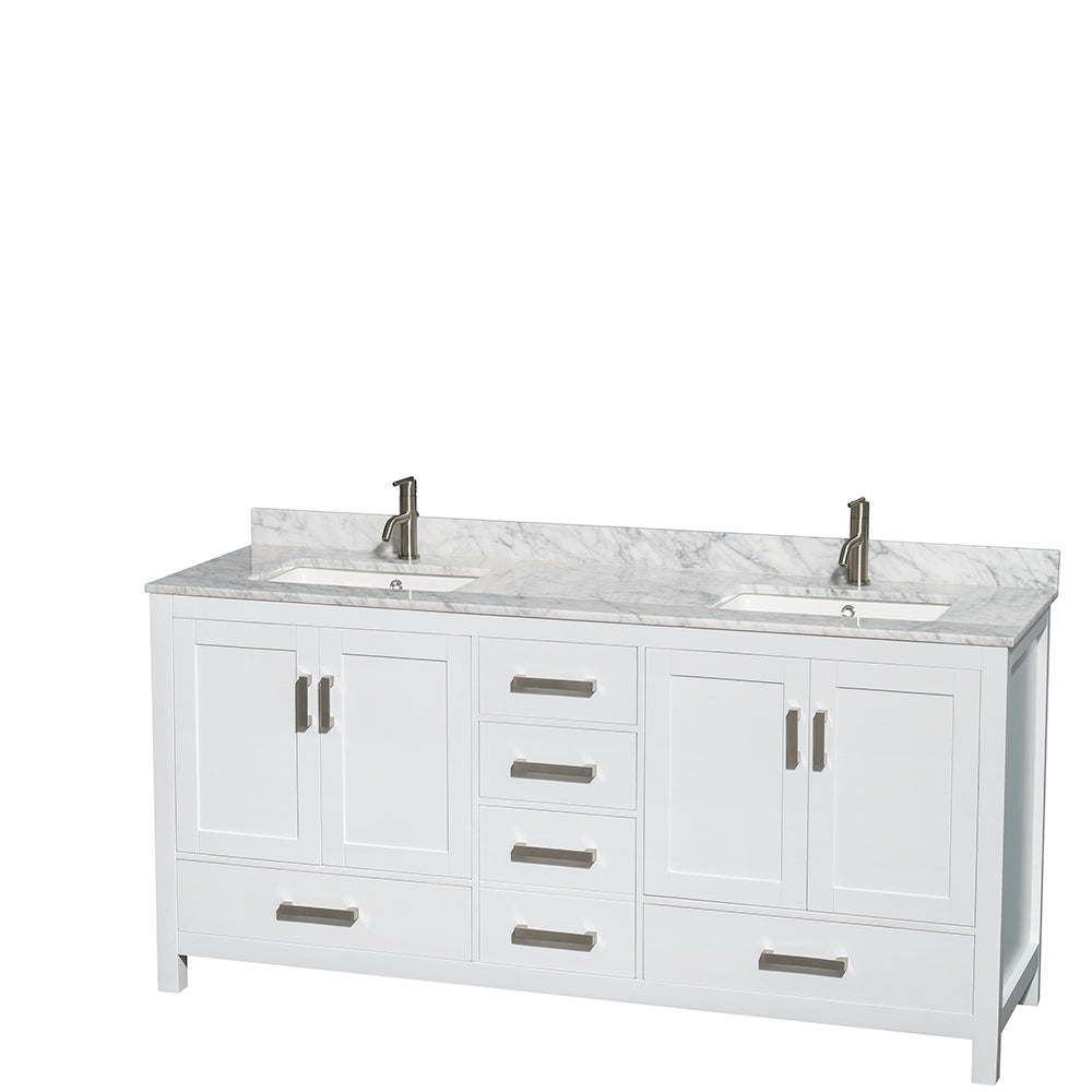 Sheffield 72 Inch Double Bathroom Vanity in White White Carrara Marble Countertop Undermount Square Sinks and 70 Inch Mirror
