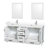Sheffield 72 Inch Double Bathroom Vanity in White White Cultured Marble Countertop Undermount Square Sinks 24 Inch Mirrors