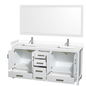 Sheffield 72 Inch Double Bathroom Vanity in White White Cultured Marble Countertop Undermount Square Sinks 70 Inch Mirror