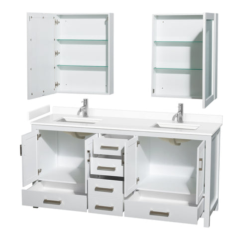 Sheffield 72 Inch Double Bathroom Vanity in White White Cultured Marble Countertop Undermount Square Sinks Medicine Cabinets