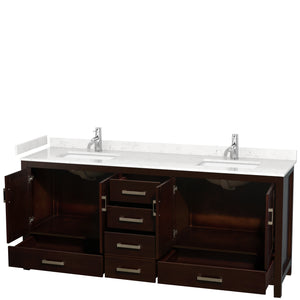Sheffield 80 Inch Double Bathroom Vanity in Espresso Carrara Cultured Marble Countertop Undermount Square Sinks No Mirror