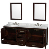 Sheffield 80 Inch Double Bathroom Vanity in Espresso White Carrara Marble Countertop Undermount Oval Sinks and 24 Inch Mirrors