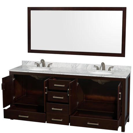 Sheffield 80 Inch Double Bathroom Vanity in Espresso White Carrara Marble Countertop Undermount Oval Sinks and 70 Inch Mirror