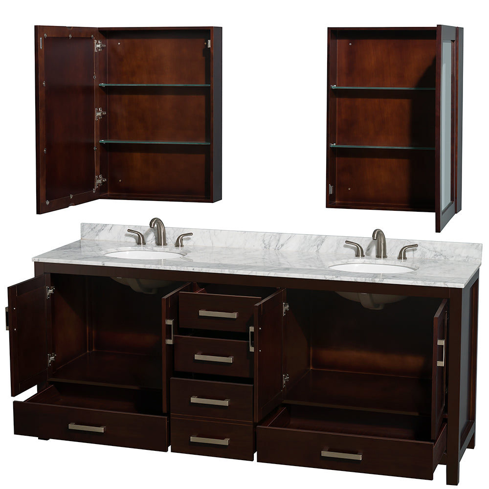 Sheffield 80 Inch Double Bathroom Vanity in Espresso White Carrara Marble Countertop Undermount Oval Sinks and Medicine Cabinets