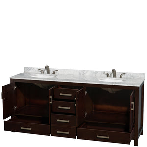 Sheffield 80 Inch Double Bathroom Vanity in Espresso White Carrara Marble Countertop Undermount Oval Sinks and No Mirror