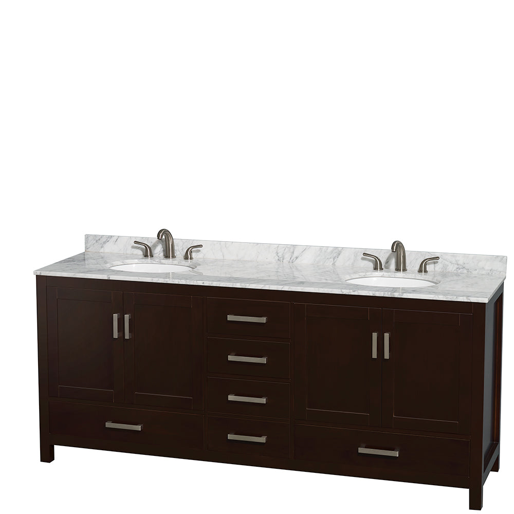 Sheffield 80 Inch Double Bathroom Vanity in Espresso White Carrara Marble Countertop Undermount Oval Sinks and Medicine Cabinets