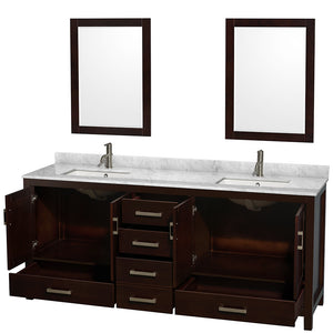 Sheffield 80 Inch Double Bathroom Vanity in Espresso White Carrara Marble Countertop Undermount Square Sinks and 24 Inch Mirrors