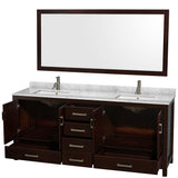 Sheffield 80 Inch Double Bathroom Vanity in Espresso White Carrara Marble Countertop Undermount Square Sinks and 70 Inch Mirror