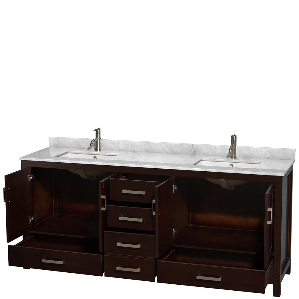 Sheffield 80 Inch Double Bathroom Vanity in Espresso White Carrara Marble Countertop Undermount Square Sinks and No Mirror