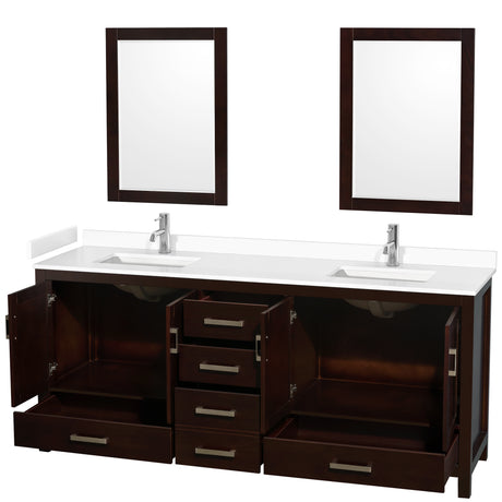 Sheffield 80 Inch Double Bathroom Vanity in Espresso White Cultured Marble Countertop Undermount Square Sinks 24 Inch Mirrors