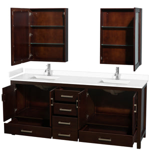 Sheffield 80 Inch Double Bathroom Vanity in Espresso White Cultured Marble Countertop Undermount Square Sinks Medicine Cabinets