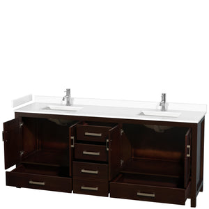 Sheffield 80 Inch Double Bathroom Vanity in Espresso White Cultured Marble Countertop Undermount Square Sinks No Mirror