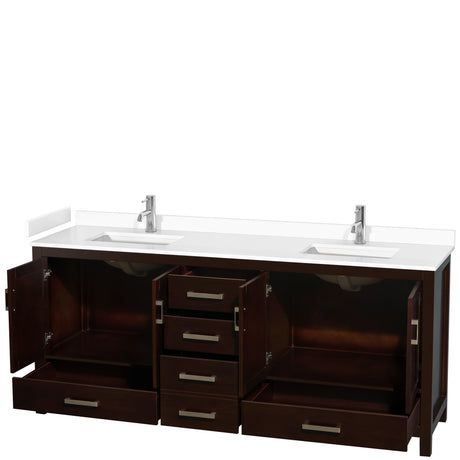 Sheffield 80 Inch Double Bathroom Vanity in Espresso White Cultured Marble Countertop Undermount Square Sinks No Mirror