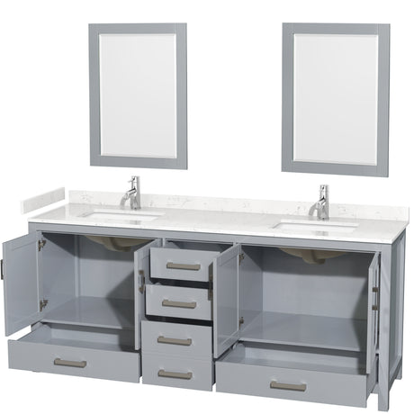 Sheffield 80 Inch Double Bathroom Vanity in Gray Carrara Cultured Marble Countertop Undermount Square Sinks 24 Inch Mirrors