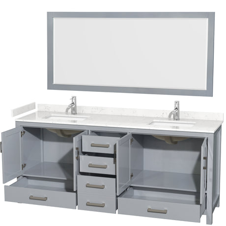 Sheffield 80 Inch Double Bathroom Vanity in Gray Carrara Cultured Marble Countertop Undermount Square Sinks 70 Inch Mirror