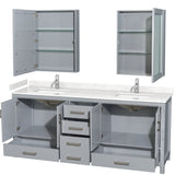 Sheffield 80 Inch Double Bathroom Vanity in Gray Carrara Cultured Marble Countertop Undermount Square Sinks Medicine Cabinets