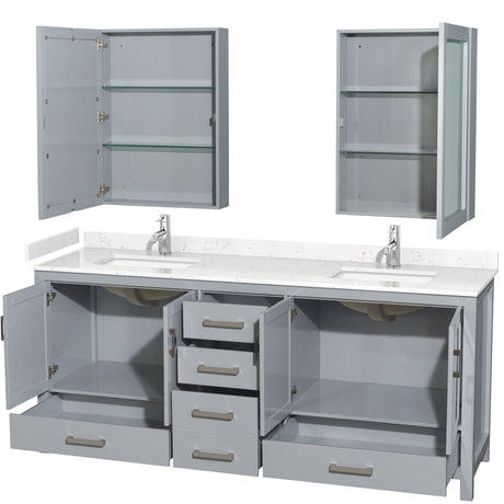 Sheffield 80 Inch Double Bathroom Vanity in Gray Carrara Cultured Marble Countertop Undermount Square Sinks Medicine Cabinets