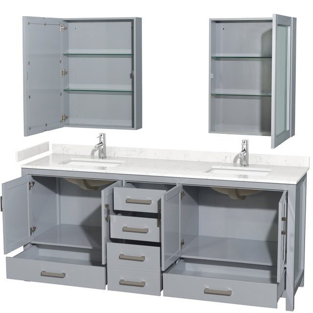 Sheffield 80 Inch Double Bathroom Vanity in Gray Carrara Cultured Marble Countertop Undermount Square Sinks Medicine Cabinets