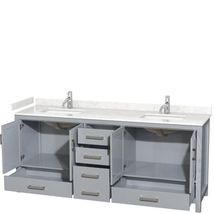 Sheffield 80 Inch Double Bathroom Vanity in Gray Carrara Cultured Marble Countertop Undermount Square Sinks No Mirror
