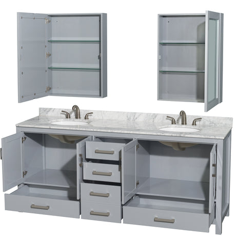 Sheffield 80 Inch Double Bathroom Vanity in Gray White Carrara Marble Countertop Undermount Oval Sinks and Medicine Cabinets