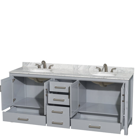 Sheffield 80 Inch Double Bathroom Vanity in Gray White Carrara Marble Countertop Undermount Oval Sinks and No Mirror