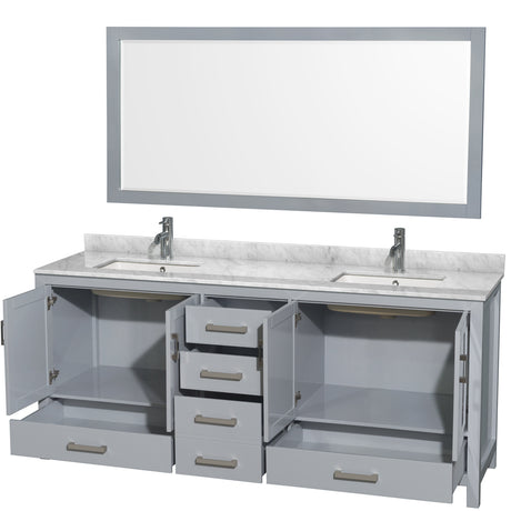 Sheffield 80 Inch Double Bathroom Vanity in Gray White Carrara Marble Countertop Undermount Square Sinks and 70 Inch Mirror
