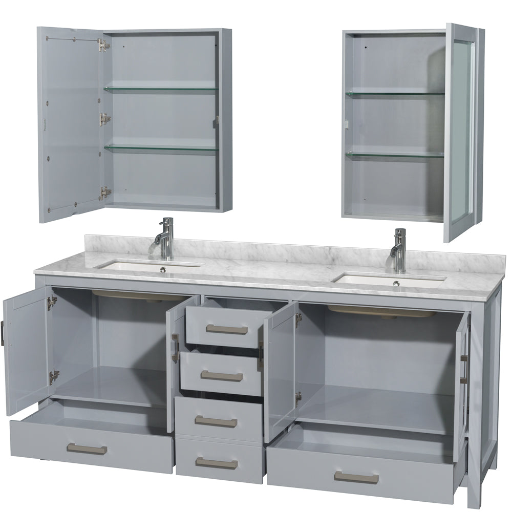 Sheffield 80 Inch Double Bathroom Vanity in Gray White Carrara Marble Countertop Undermount Square Sinks and Medicine Cabinets
