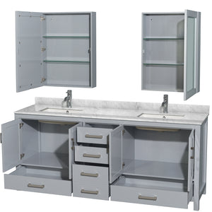 Sheffield 80 Inch Double Bathroom Vanity in Gray White Carrara Marble Countertop Undermount Square Sinks and Medicine Cabinets