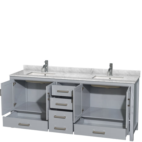 Sheffield 80 Inch Double Bathroom Vanity in Gray White Carrara Marble Countertop Undermount Square Sinks and No Mirror