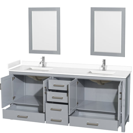Sheffield 80 Inch Double Bathroom Vanity in Gray White Cultured Marble Countertop Undermount Square Sinks 24 Inch Mirrors